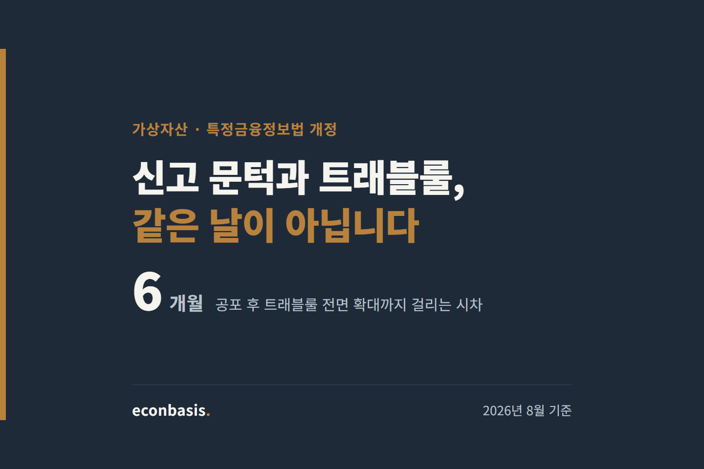 가상자산사업자 신고 요건과 트래블룰 전면 확대 사이에 6개월 시차가 있음을 알리는 대표 이미지