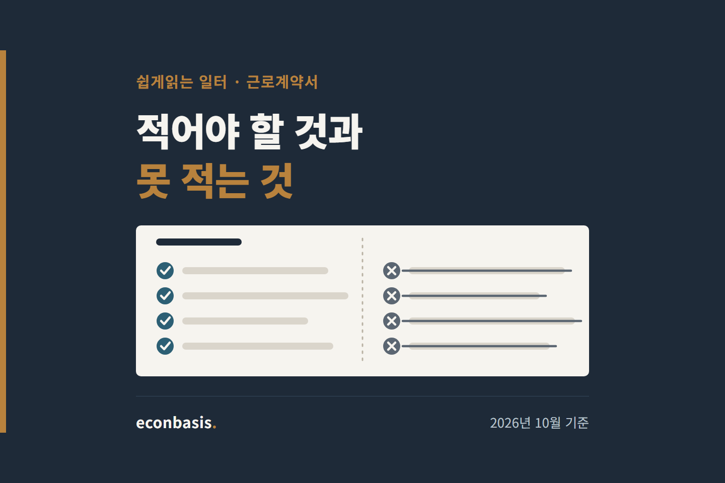 근로계약서 한 장이 가운데 선을 기준으로 법이 적으라고 하는 항목과 금지되는 약정으로 나뉜 모습의 대표 이미지